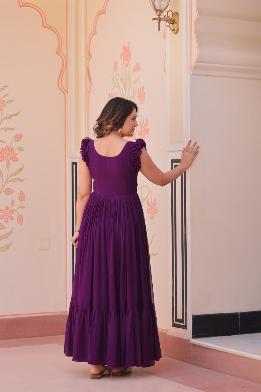 Women's Elegant Plum Purple Georgette Anarkali Gown with Butterfly Applique & Ruffle Sleeves β Festive & Special Occasion Wear - Image 19