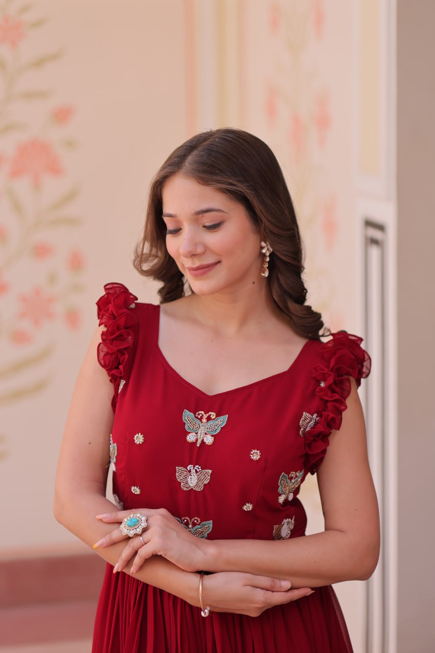 Women's Elegant Plum Purple Georgette Anarkali Gown with Butterfly Applique & Ruffle Sleeves β Festive & Special Occasion Wear - Image 10